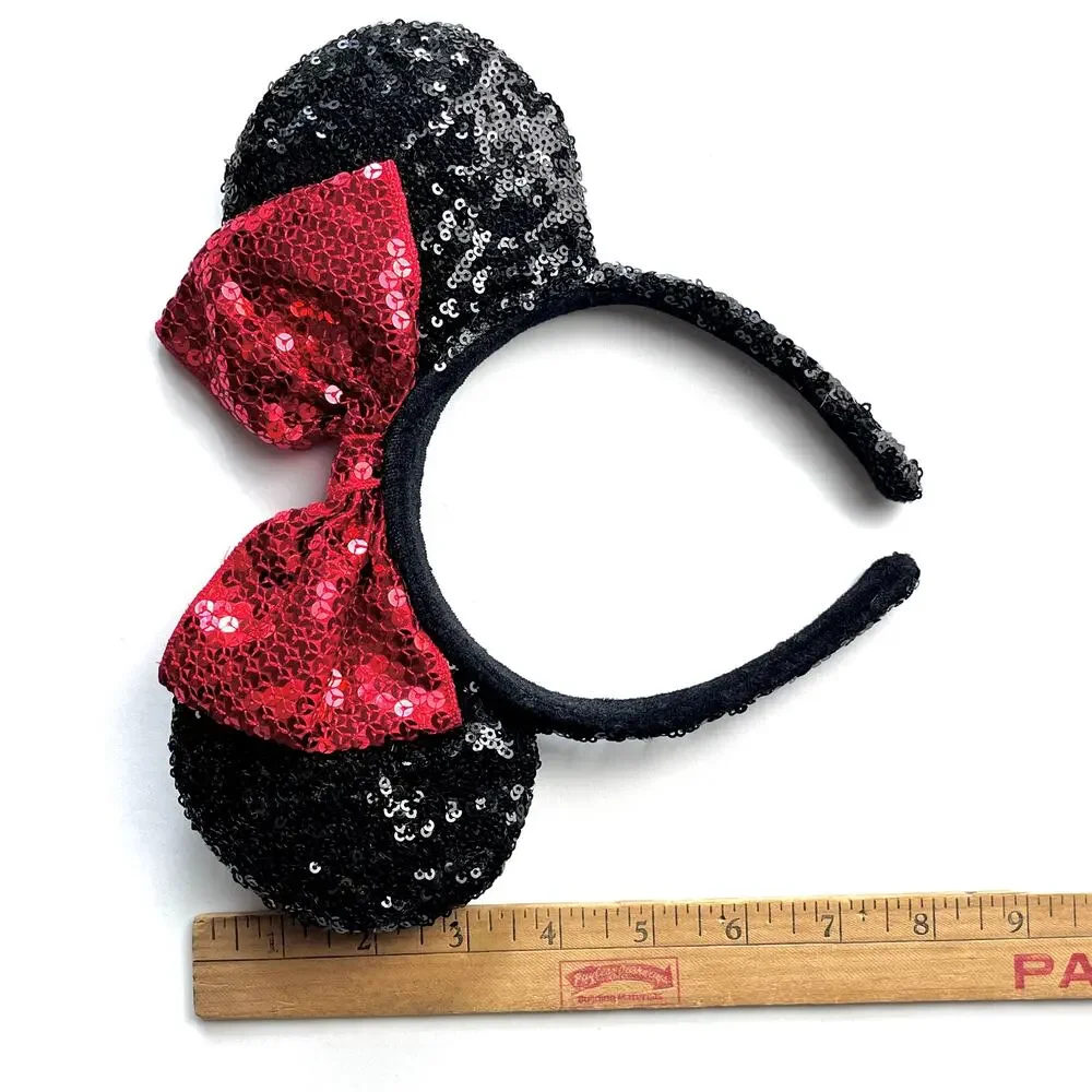 Disney Parks Minnie Mouse Black Ears Red Bow Sequins Headband Sparkly Dressup